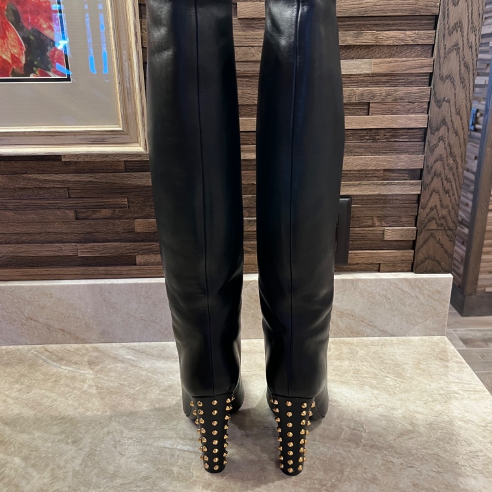 GUCCI Rodano black leather gold studded heel boots - Picture 7 of 14